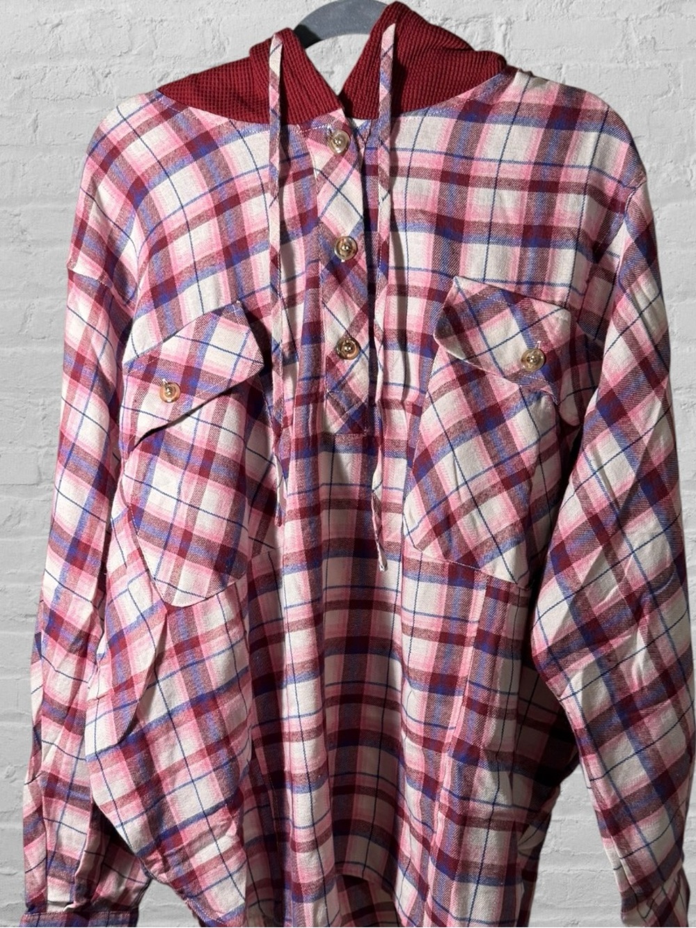 Peach Love California Oversized Plaid Hoodie in Pink Red and Blue